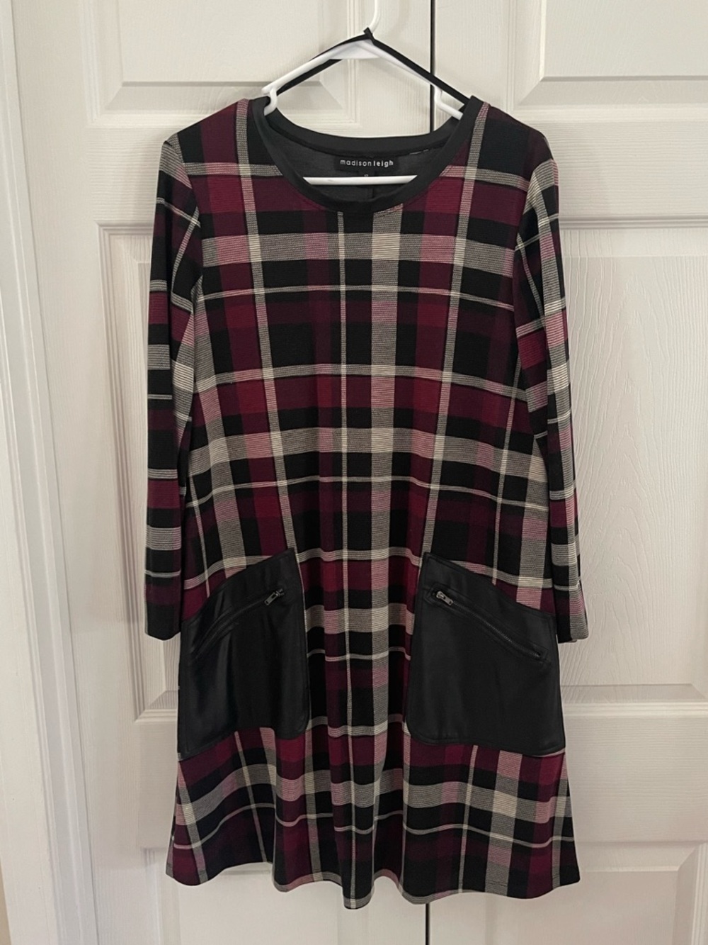 Madison Leigh Plaid Long Sleeve Dress with Faux Leather Zip Pockets — Size 12